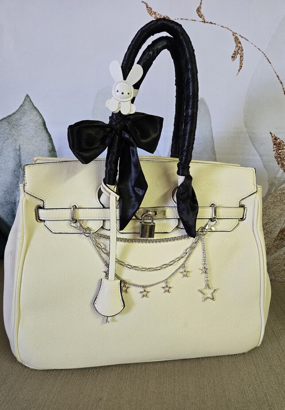 LARLAR OLIFF | Vegan Leather Structured Top Handle Satchel in Cream sz Large